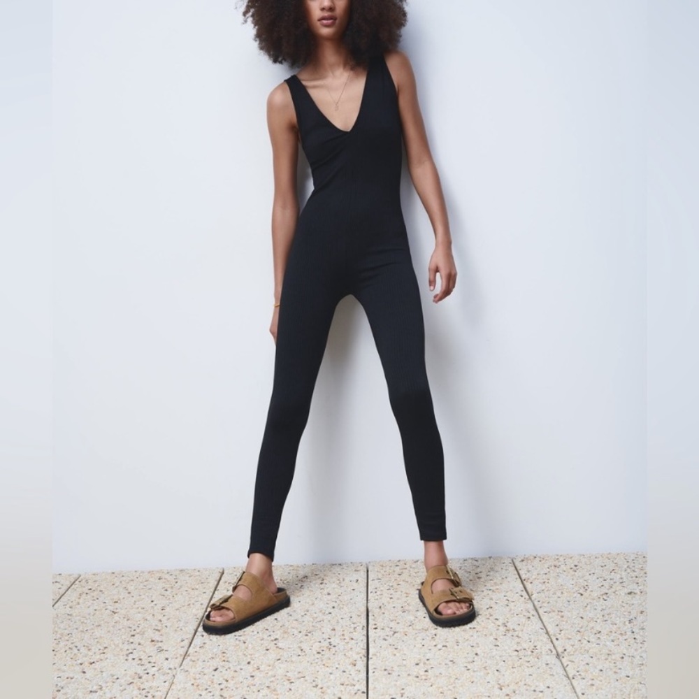 Zara black ribbed pant jumpsuit